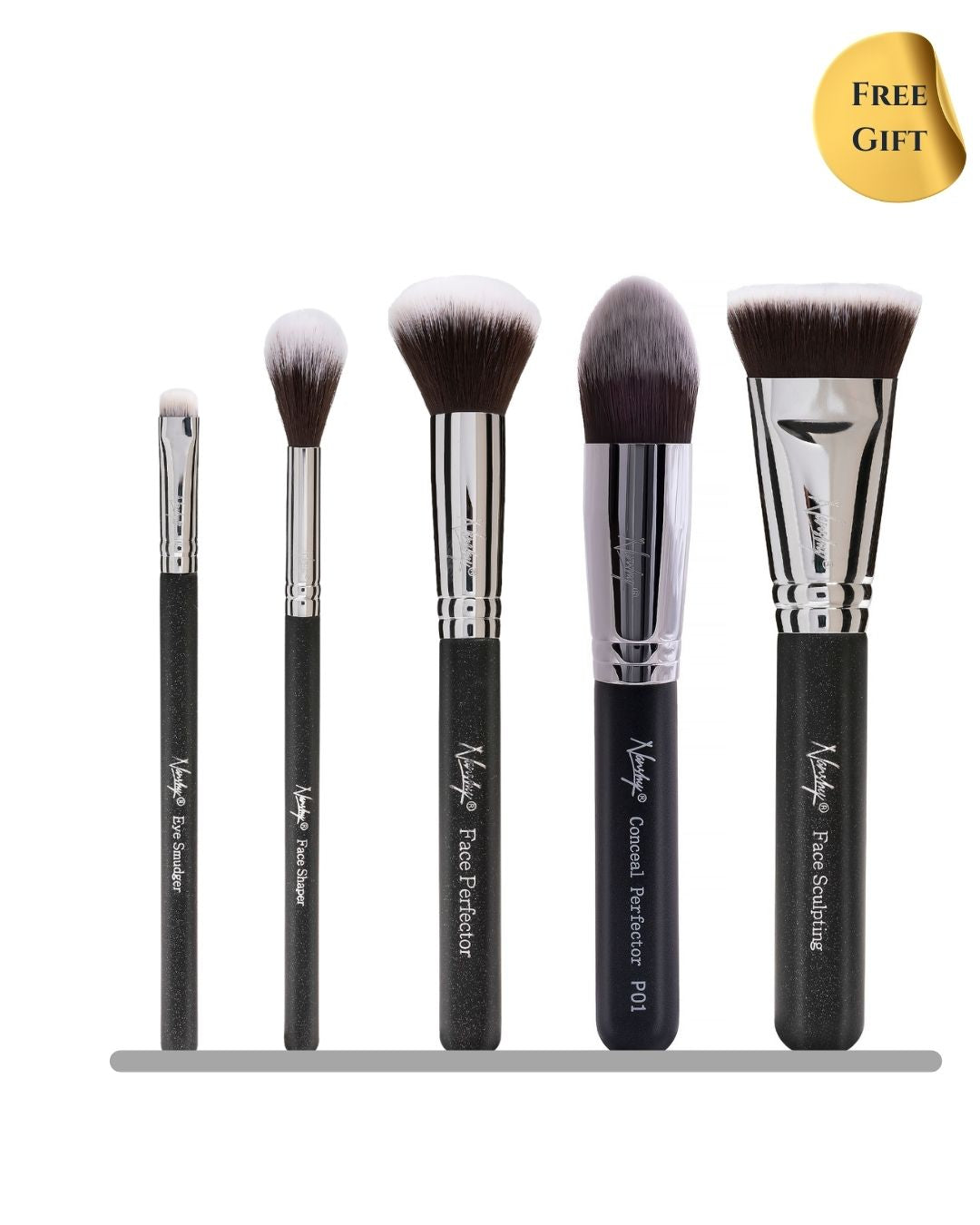 Contour Makeup Brush Set with five brushes and a free black cosmetic pouch.