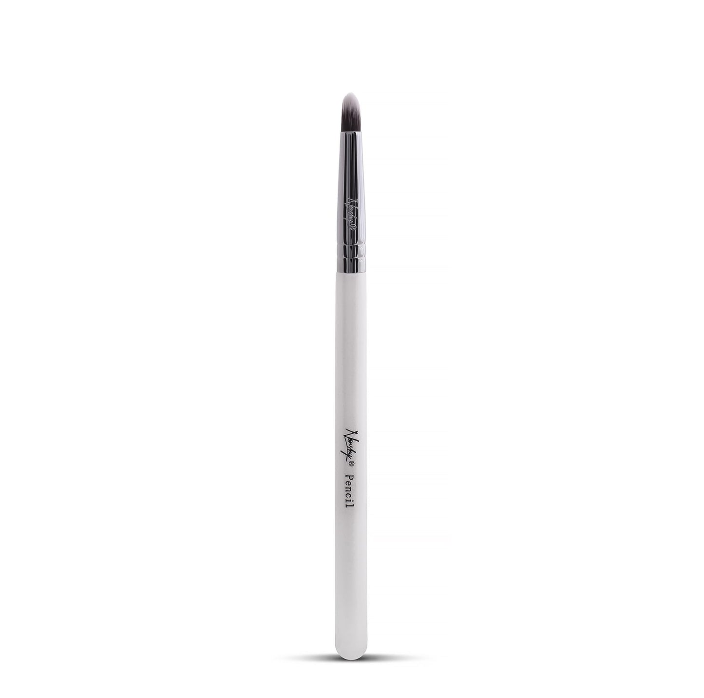 Elegant pencil makeup brush with soft synthetic bristles, pearl-coated handle, and robust copper ferrule. Perfect for smudging liner and shading with precision. 100% vegan and cruelty-free.