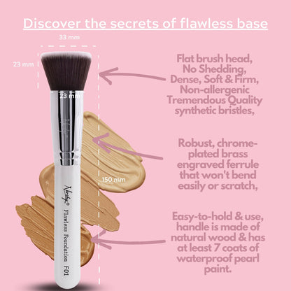 Nanshy Flawless Foundation brush with a flat head, dense and soft synthetic bristles, robust chrome-plated engraved brass ferrule, and easy-to-hold natural wood handle against a pink background with product features listed.