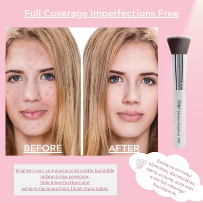 Before and after comparison showcasing effective coverage of acne and imperfections using the Nanshy Flawless Foundation Brush, with a close-up of the brush's soft, densely packed bristles.