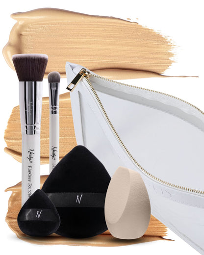 Flawless Complexion Kit White with foundation brush, concealer brush, powder puffs, makeup sponge, and transparent white cosmetic pouch.