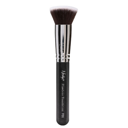 Nanshy Flawless Foundation makeup brush with densely packed, soft Taklon bristles and an engraved brass ferrule.