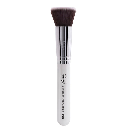 Nanshy Flawless Foundation makeup brush with densely packed, soft taklon bristles and a sleek, engraved brass ferrule.