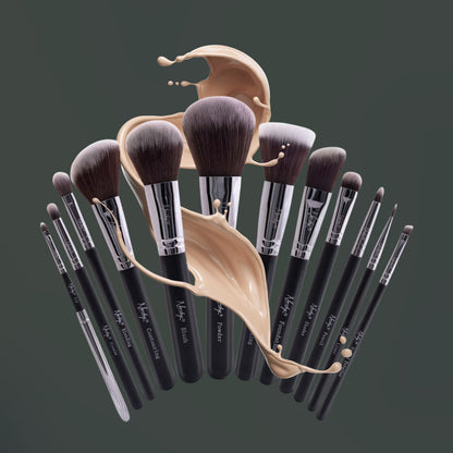 Masterful Collection makeup brush set with 12 essential, cruelty-free, vegan brushes, showcasing labeled beech wood handles and soft synthetic bristles.