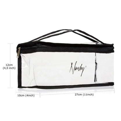 Clear rectangular makeup bag with black trim and zipper, featuring a handle for easy carrying and product dimensions included.