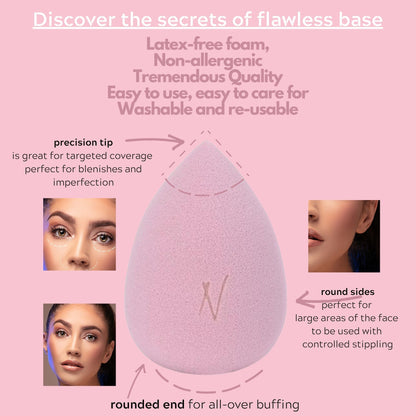 Dusty Rose Makeup Blending Sponge showcasing its precision tip, round sides, and rounded end, with text highlighting its latex-free foam, non-allergenic properties, tremendous quality, and easy care.