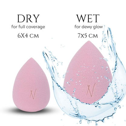 Dusty Rose Makeup Blending Sponge shown in two states: dry for full coverage at 6x4 cm, and wet for a dewy glow at 7x5 cm with splashing water effect.