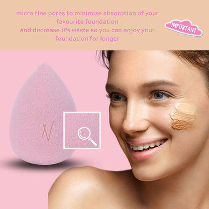 Dusty Rose Makeup Blending Sponge with a smiling woman applying foundation on her cheek, highlighting the sponge's micro fine pores for minimal foundation absorption.