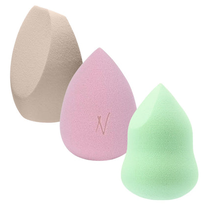 Trio of makeup blending sponges in beige, pink, and mint green, with different shapes for versatile and flawless makeup application.