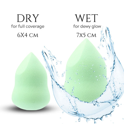 Mint green 4-in-1 Marvel Makeup Blending Sponge shown dry for full coverage and wet for dewy glow, with dimensions 6x4 cm and 7x5 cm respectively.