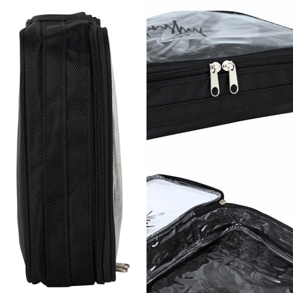 Black travel organizer bag made from durable nylon with clear plastic front, double zipper closure, and plastic-lined interior for easy cleaning.