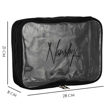 Stylish black travel organiser bag with a clear front and double zipper, measuring 28cm x 21cm x 8cm, featuring the Nanshy logo.