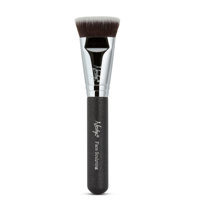 Face Sculpting brush with wooden handle and silver metallic ferrule, featuring soft vegan synthetic bristles.