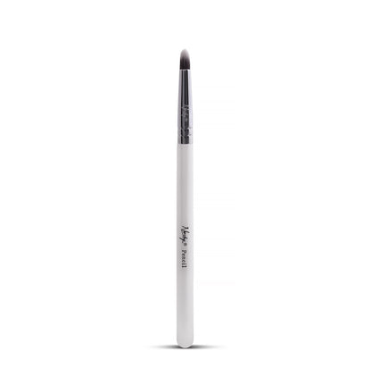 Elegant pencil makeup brush with soft synthetic bristles, pearl-coated handle, and robust copper ferrule. Perfect for smudging liner and shading with precision. 100% vegan and cruelty-free.