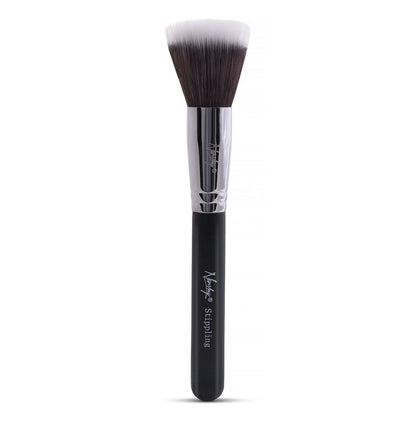 Stippling brush with black wooden handle, silver ferrule, and duo-fibre synthetic bristles for flawless, lightweight foundation application.